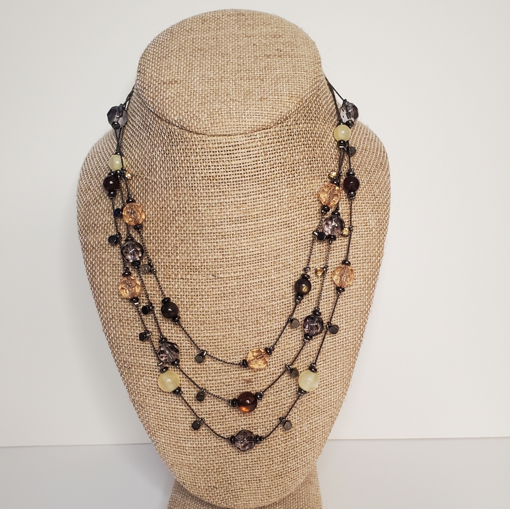 Cream and brown beaded statement layered necklace with blush faceted bea…